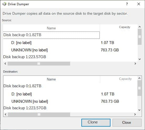 Selecione a origem e o destino do backup