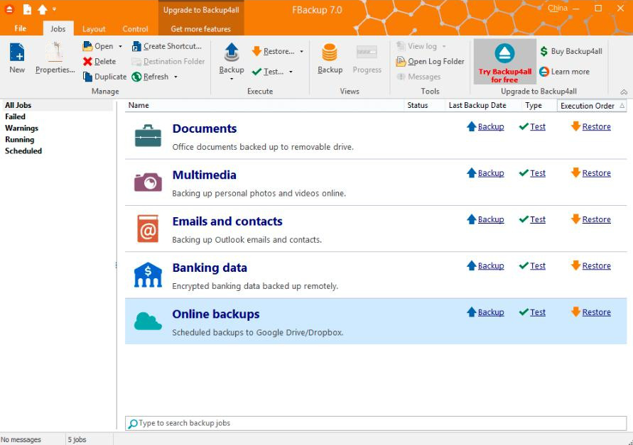 Interface de operação do software FBackup