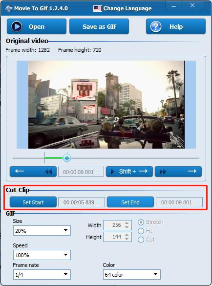 Interface de operação do software Movie To GIF