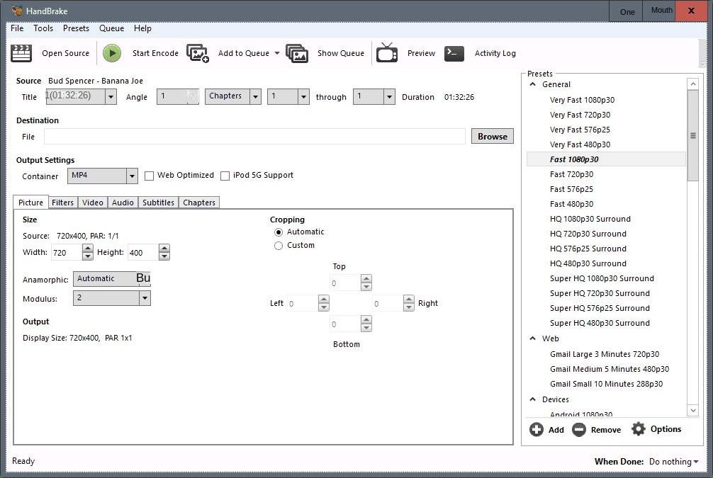 Interface de operação do software HandBrake