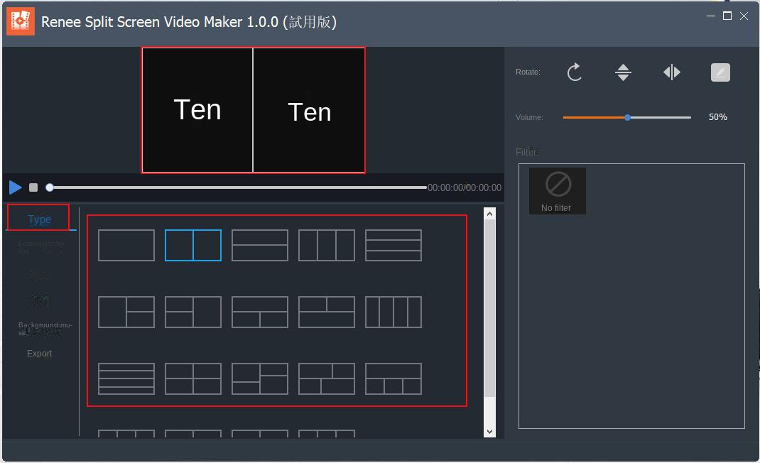 Interface de configuração da tela de vídeo em tela dividida do Renee Video Editor