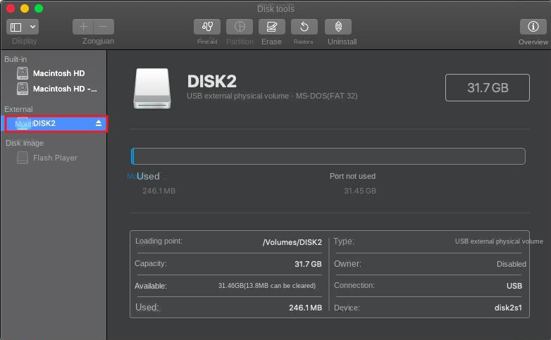 Selecione o disco no Mac Disk Utility