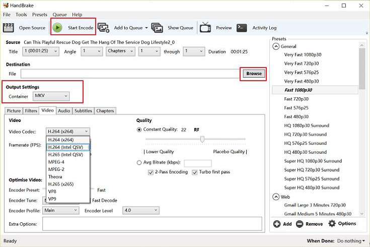 Interface de operação do software HandBrake