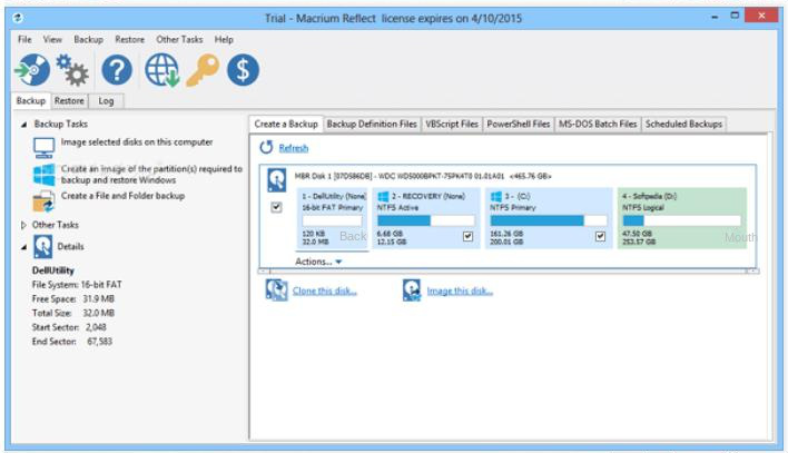 Interface de usuário do software Macrium Reflect