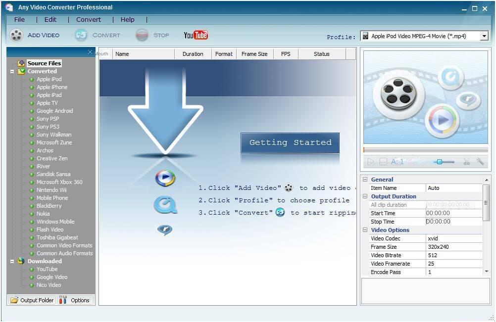Interface de operação do software Any Video Converter Professional