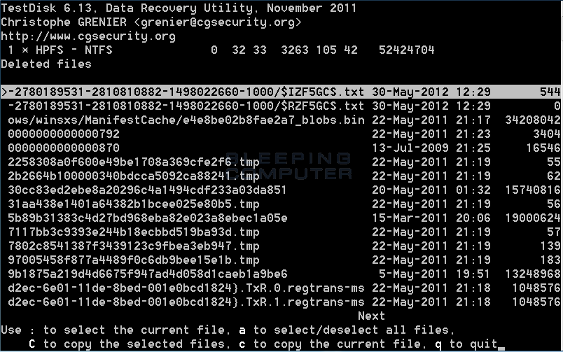 selecionar arquivos a serem recuperados para o testdisk