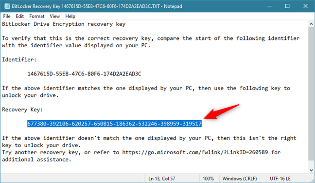 Chave de recuperação do BitLocker em um arquivo txt na unidade USB