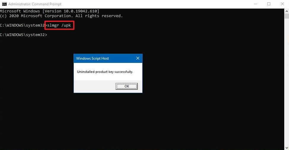 comando para desinstalar a chave de produto do Windows