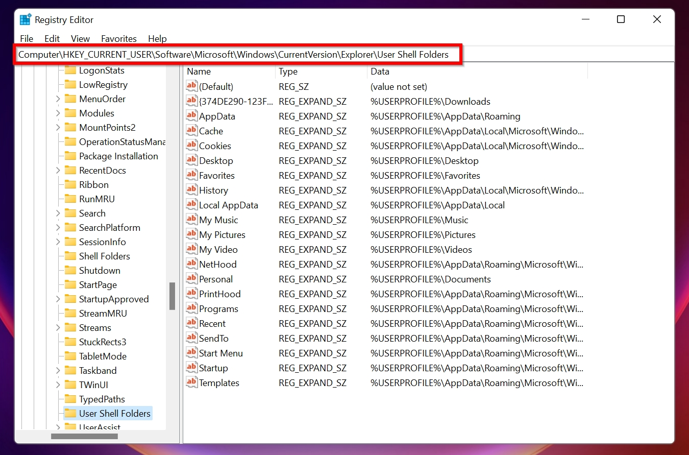 Tela User Shell Folders (Pastas do shell do usuário) no Windows Registry Editor.