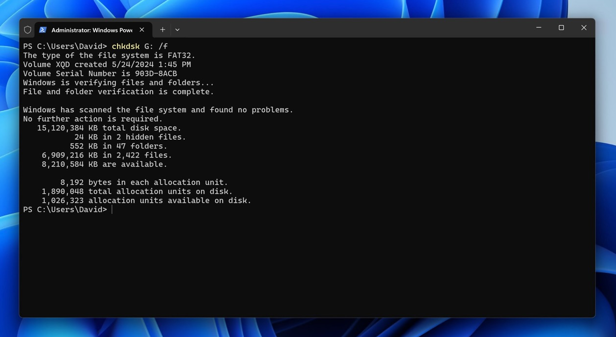 terminal do Windows chkdsk xqd