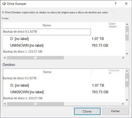 Selecione a origem e o destino do backup