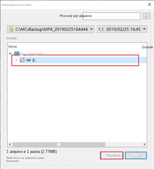 Escolha onde restaurar os arquivos e clique em Restaurar
