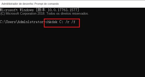 Digite o comando de reparo de disco