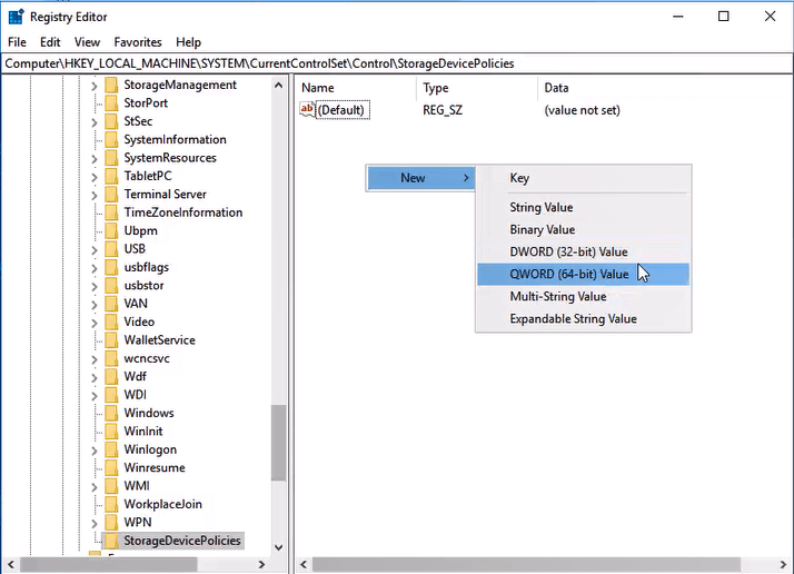adicione dword nas políticas de dispositivos de armazenamento
