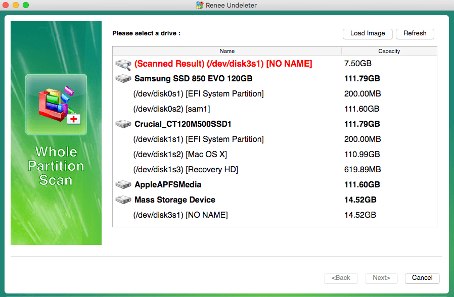 clique para selecionar uma unidade de destino em uma verificação de partição completa no renee undeleter no mac