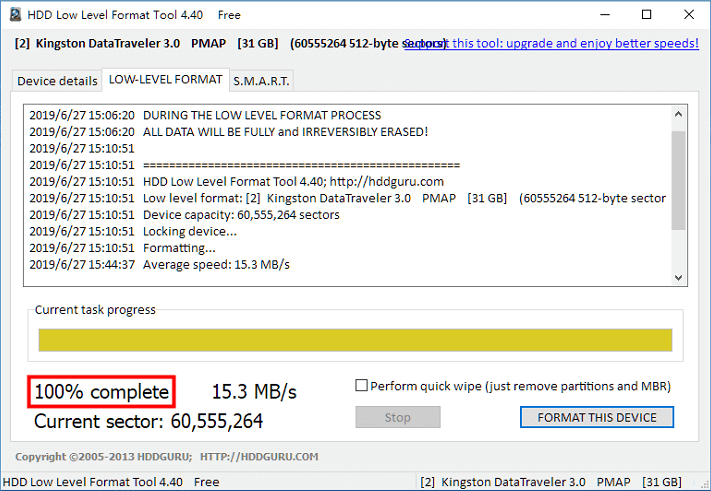 terminar a formatação de baixo nível do disco rígido com uma ferramenta