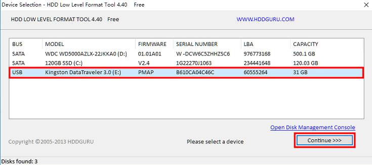 selecione a unidade de disco rígido de destino na ferramenta de formatação de baixo nível do disco rígido