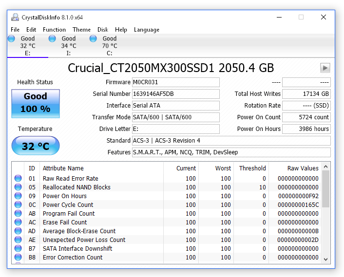 execute a verificação de integridade do SSD com CrystalDiskinfo