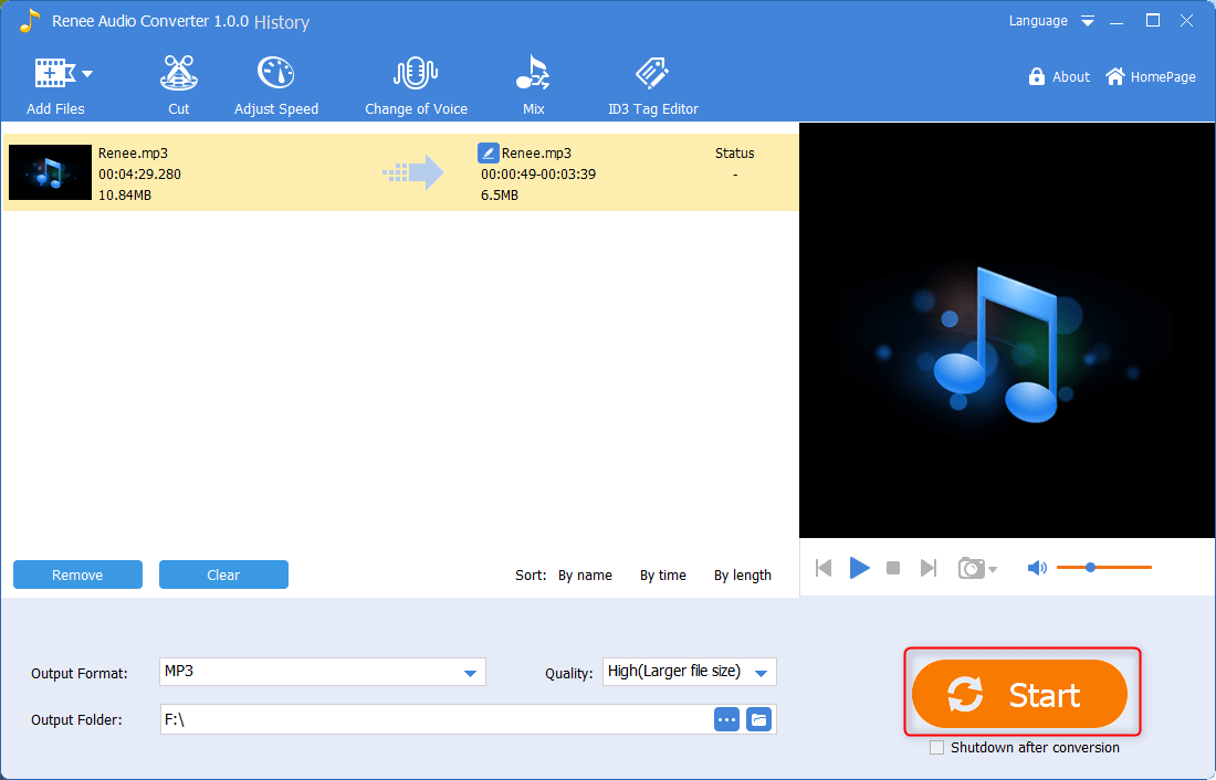 clique em start para salvar e produzir o arquivo mp3 no renee audio converter