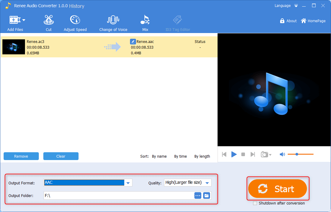 clique em start para converter ac3 para aac no renee audio converter