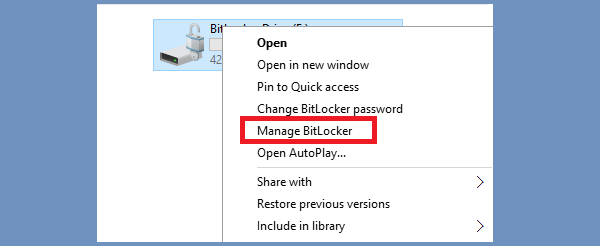 clique com o botão direito do mouse na unidade e selecione para gerenciar o bitlocker