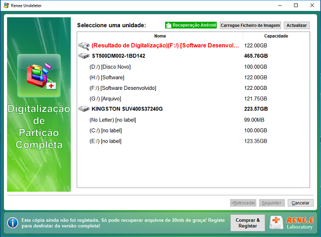 selecione a unidade de destino para digitalizar no renee undeleter