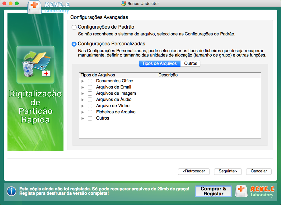 selecione os tipos de arquivos de destino a serem verificados no renee undeleter