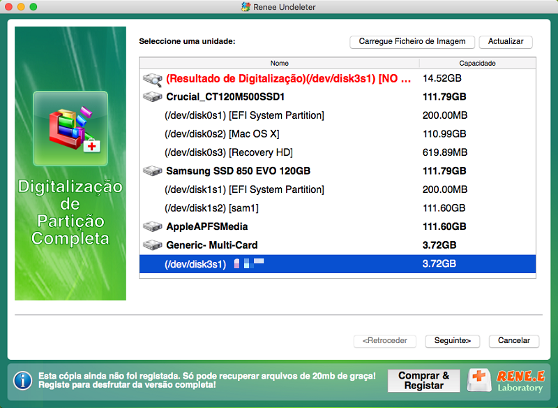 clique para selecionar uma unidade de destino em uma verificação de partição completa no renee undeleter no mac