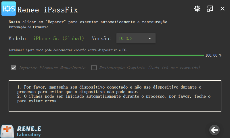 executar restauração para consertar o iphone com renee ipassfix