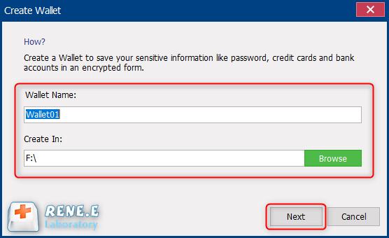 nome para a carteira e defina a posição de armazenamento em renee securesilo