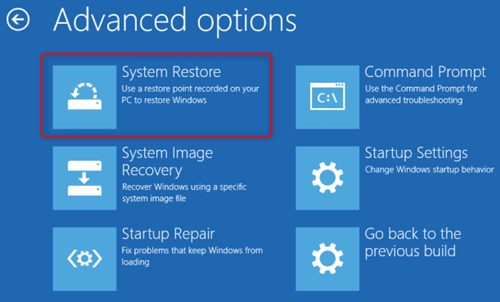 selecione a restauração do sistema no sistema Windows para corrigir o erro do Windows 10