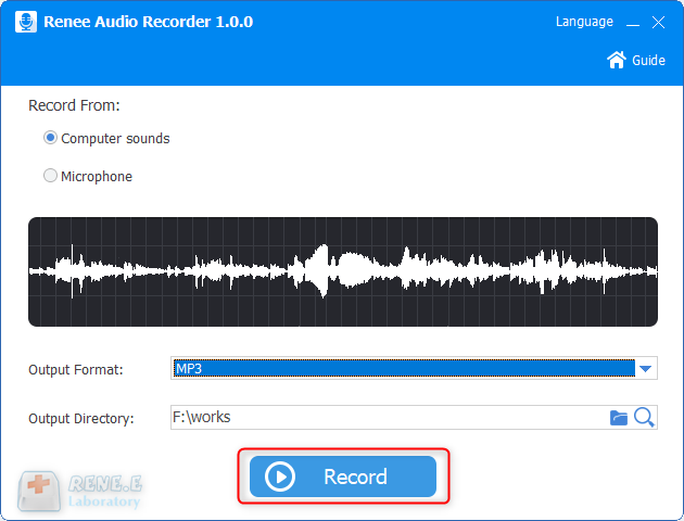 clique para gravar áudios no renee recorder pro