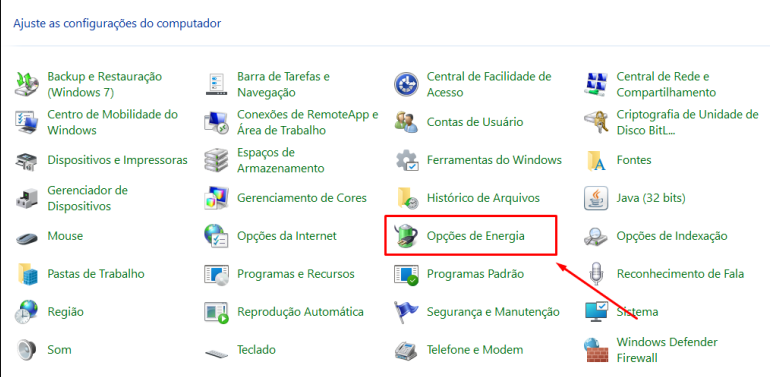 Opções de energia do painel de controle