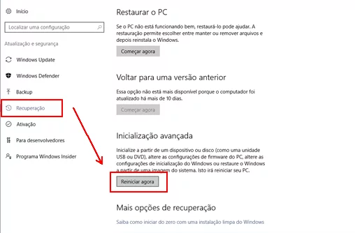 opções avançadas de inicialização