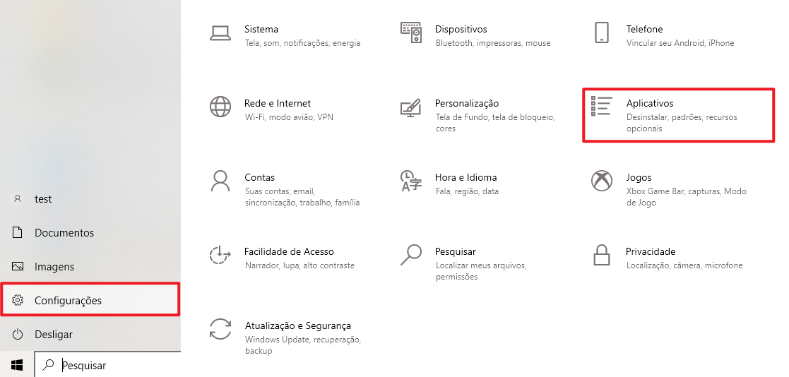 entrar em aplicativos nas configurações do Windows