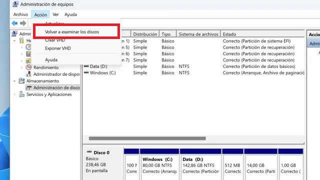 Captura de tela do Gerenciamento de disco no Windows mostrando o menu “Action” aberto, com a opção “Rescan Disks” destacada.