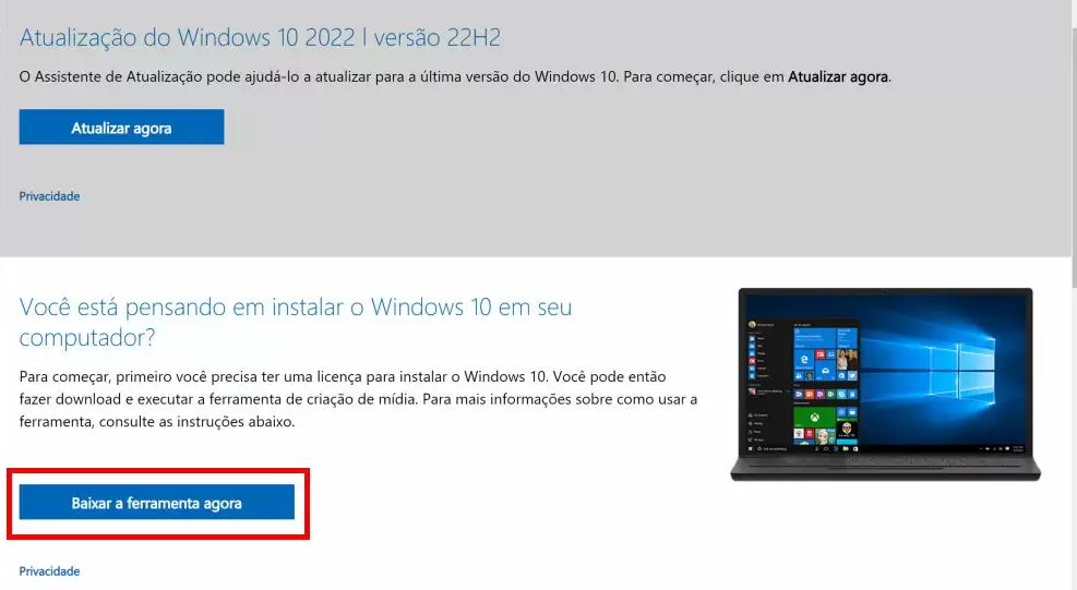 baixar a ferramenta de mídia de instalação do Windows 10 como instalar o sistema operacional em um ssd