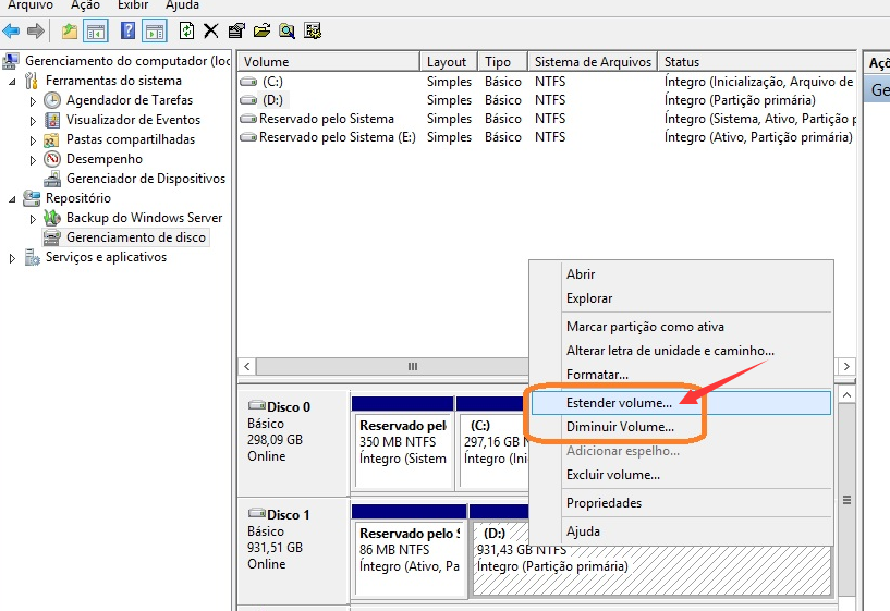 gerenciador de disco, Estender volume