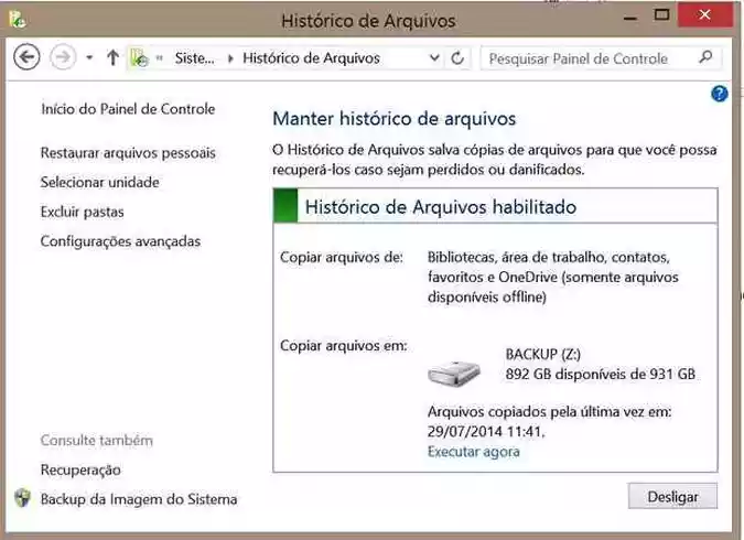 Trabalhando com histórico de arquivos no painel de controle