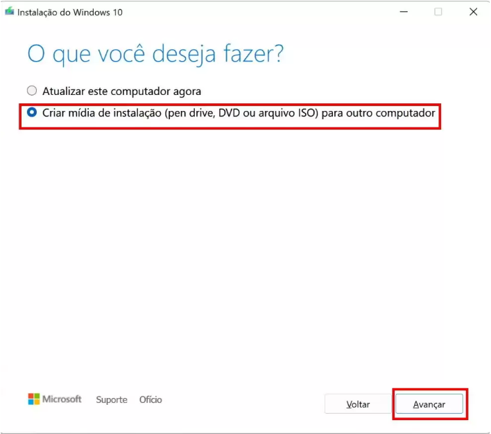 criar mídia Windows 10