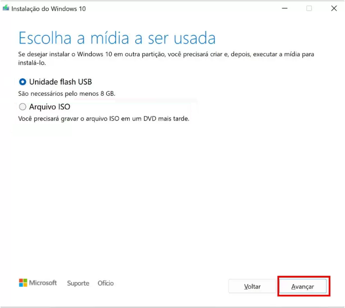 Unidade USB de mídia inicializável no Windows 10