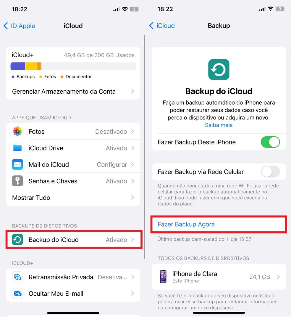 selecione para fazer o backup do iphone agora no icloud