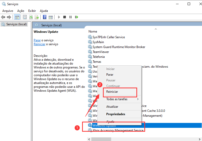 Reinicie o gerenciamento de serviço do Windows Update