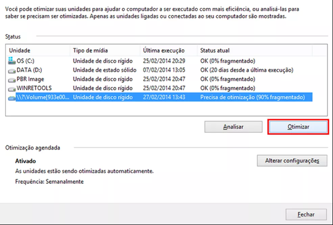 Selecione a unidade e clique em Otimizar