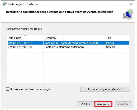 selecione o ponto de restauração para restaurar o sistema Windows