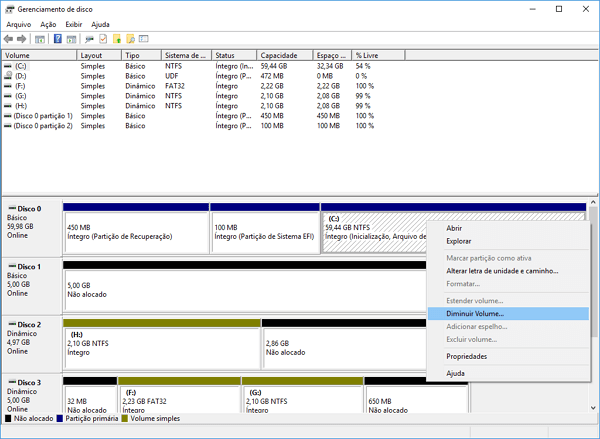 reduzir o volume no gerenciamento de disco