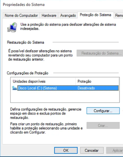 configurar a proteção do sistema