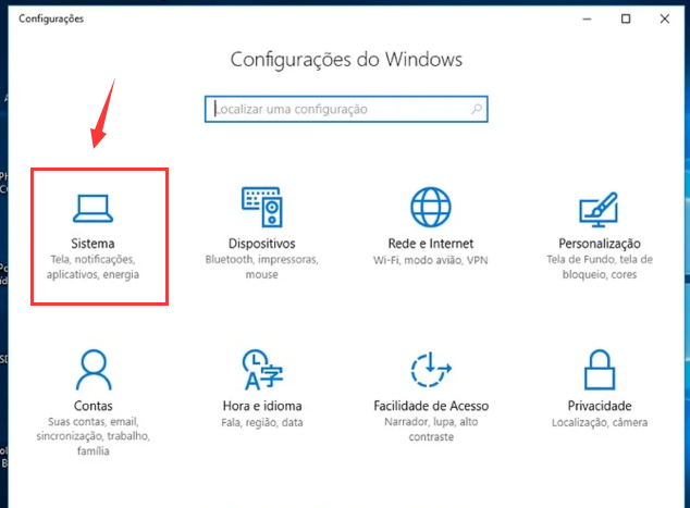 clique em Sistema nas Configurações do Windows