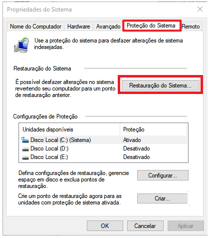 Polegar do ponto de restauração do sistema