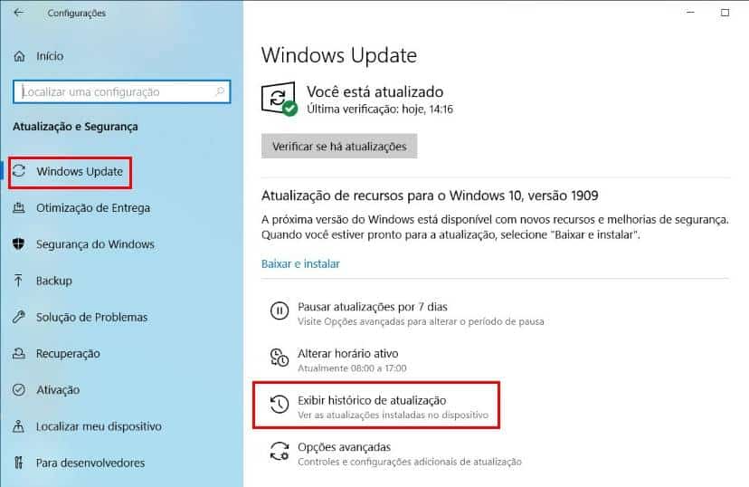 Exibir o histórico de atualizações do Windows